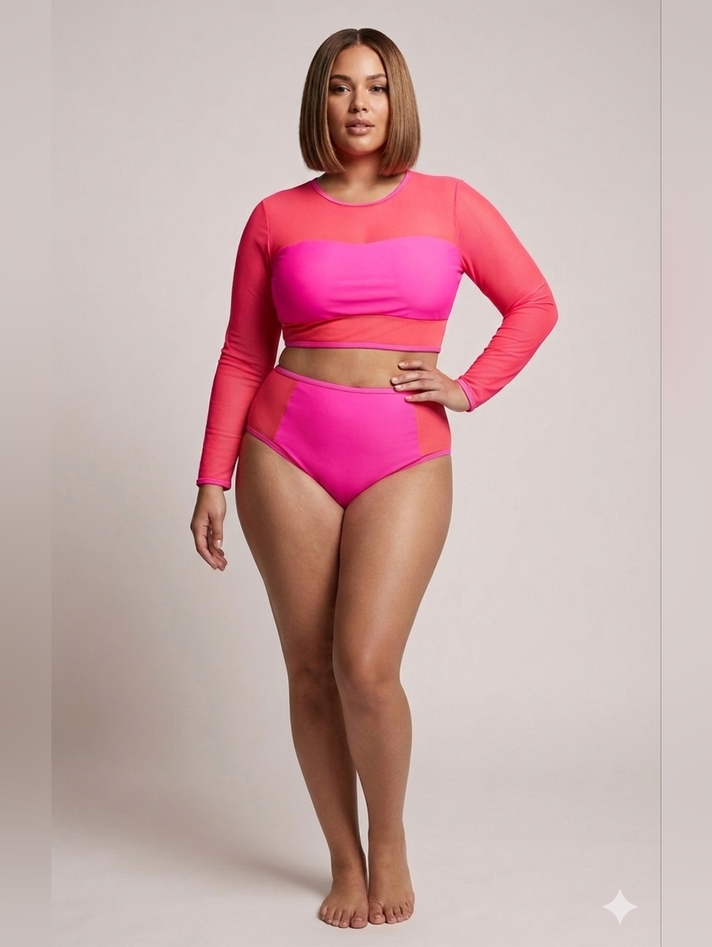 SHEIN Pink & Coral Long Sleeve Colorblock Bikini Set